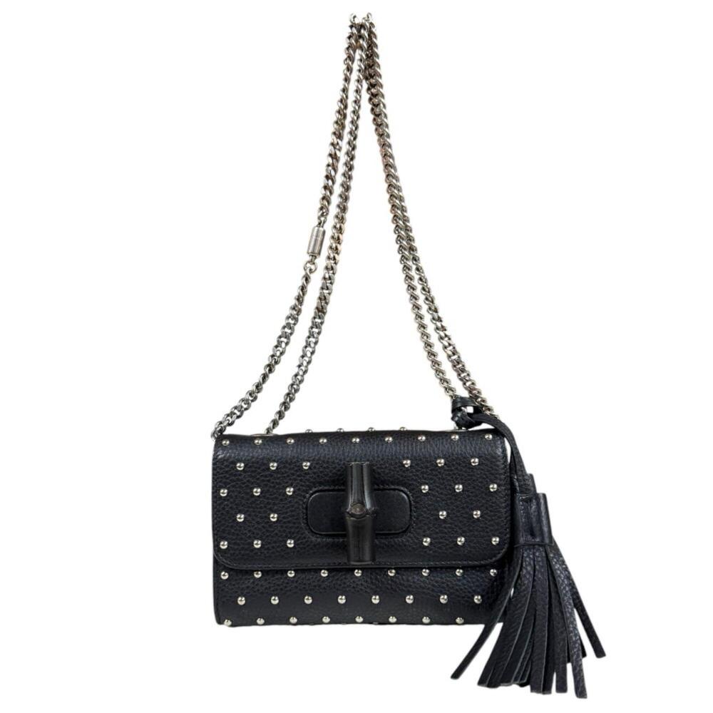 Gucci Studded Bamboo Shoulder Bag, Leather 387612, Black, Women's, GUCCI Chai...